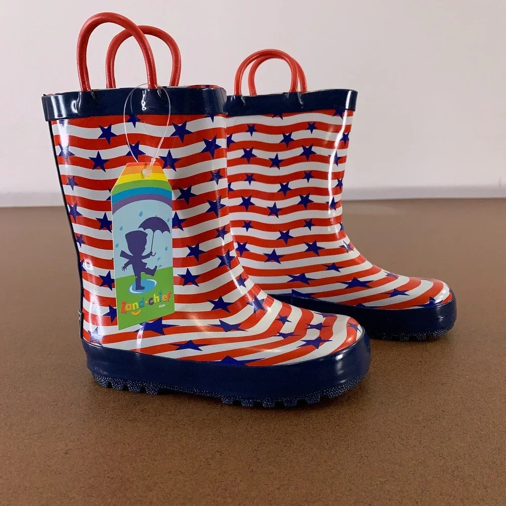 Landchief Kids Shoe Size 9 Red White Blue Striped Rubber Rain Boots NWT